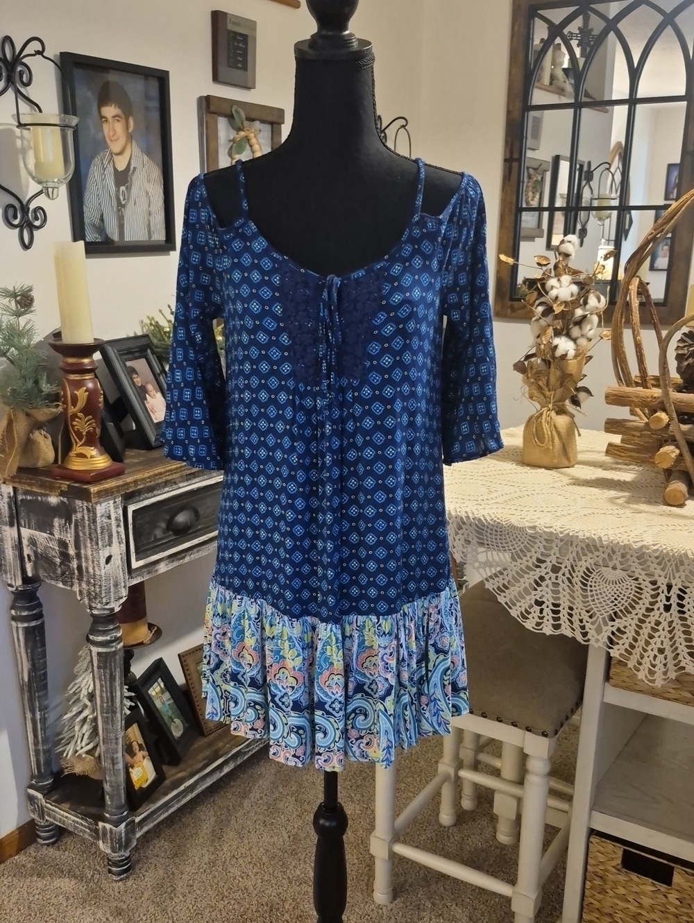 As U Wish Navy Blue Mixed-Print Cold-Shoulder Dress/Tunic with Paisley Hem